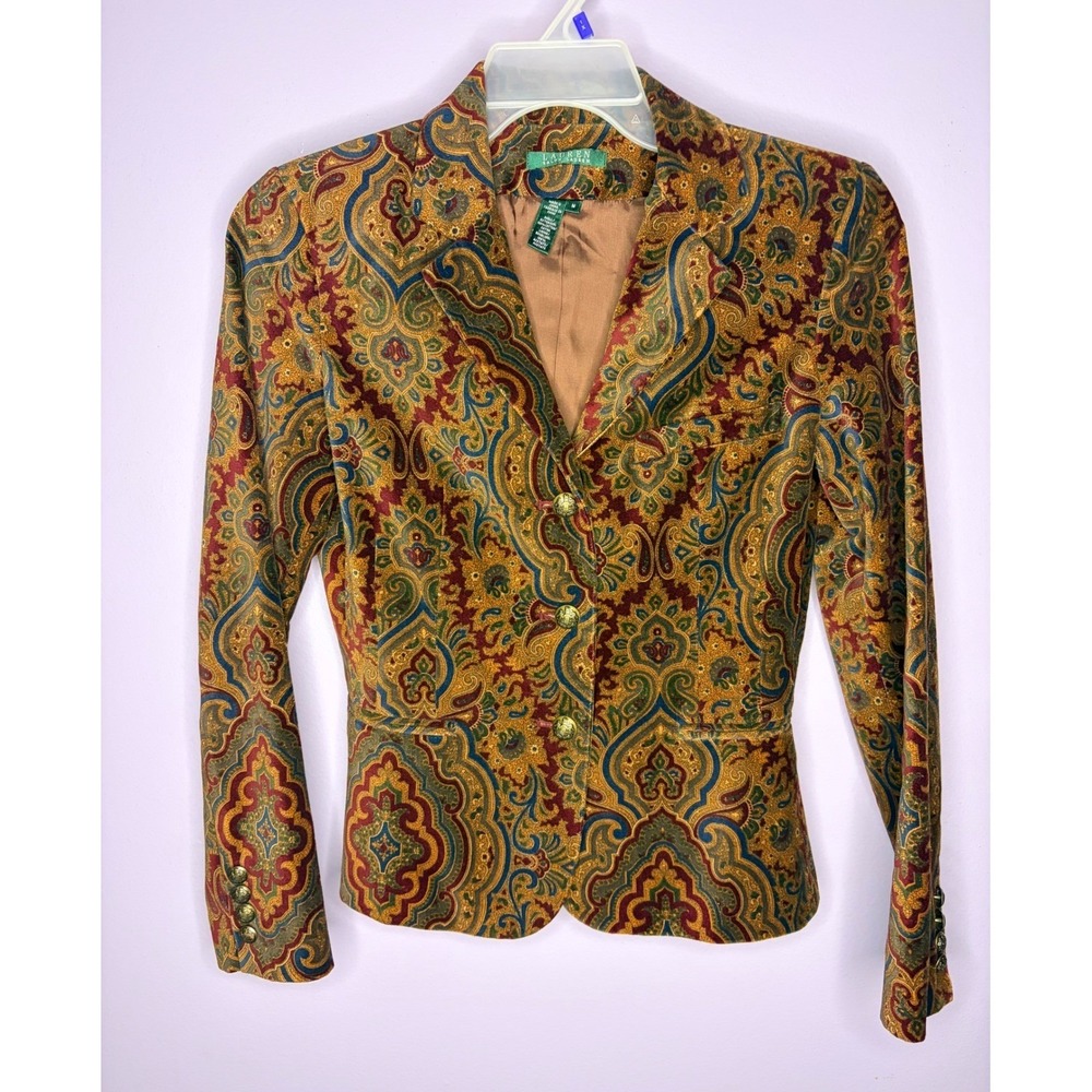 Vtg Lauren Ralph Lauren Womens Paisley Velvet Blazer Gold Crest Multi Color M
